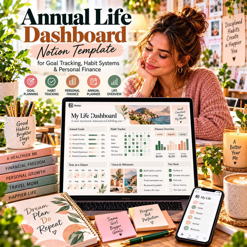 Annual Life Dashboard — Notion Template for Goal Tracking, Habit Systems & Personal Finance